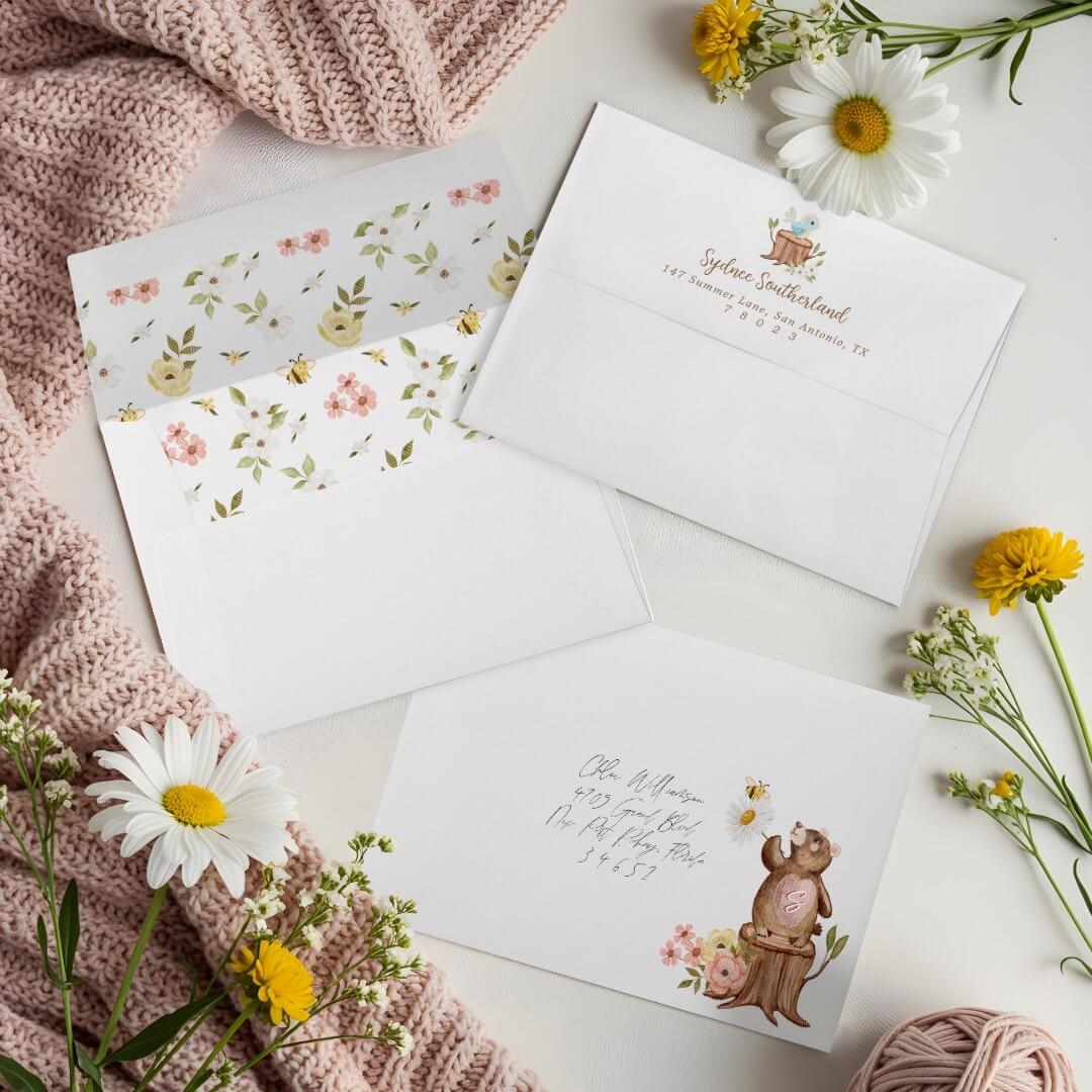 Cute Floral Woodland Knitted Bear Baby Girl Shower Envelope