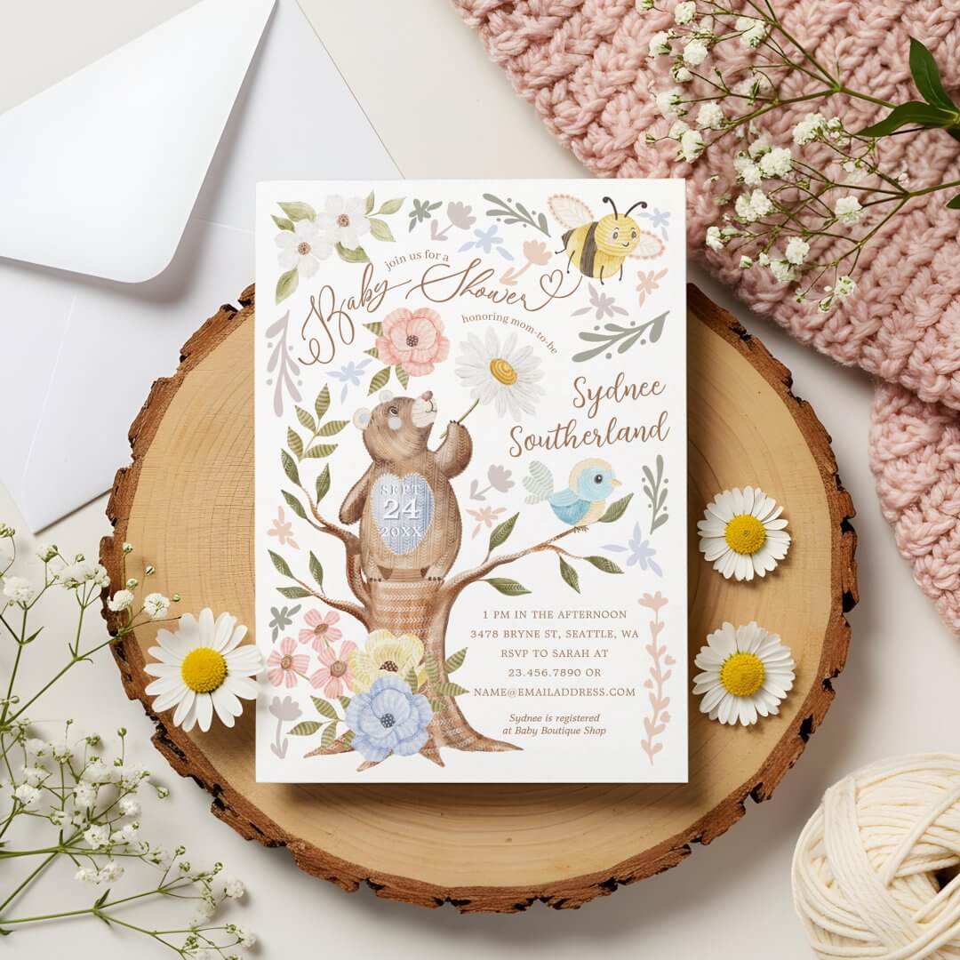 Cute Floral Woodland Knitted Bear Baby Shower Invitation