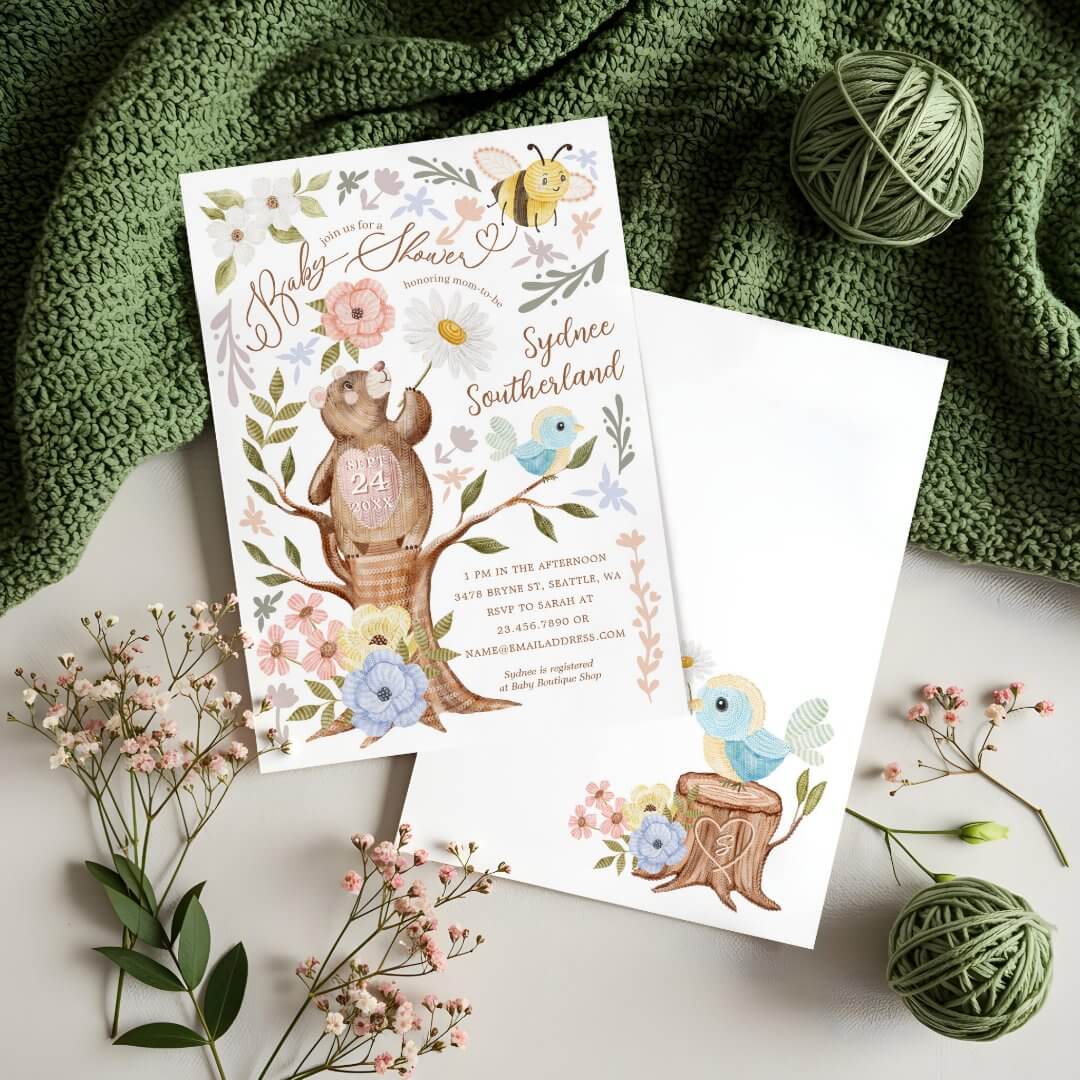 Cute Floral Woodland Knitted Bear Baby Shower Invitation