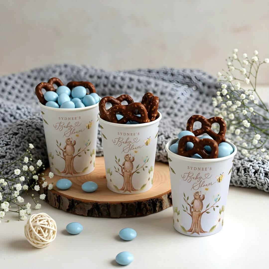 Cute Floral Woodland Knitted Bear Baby Boy Shower Paper Cups