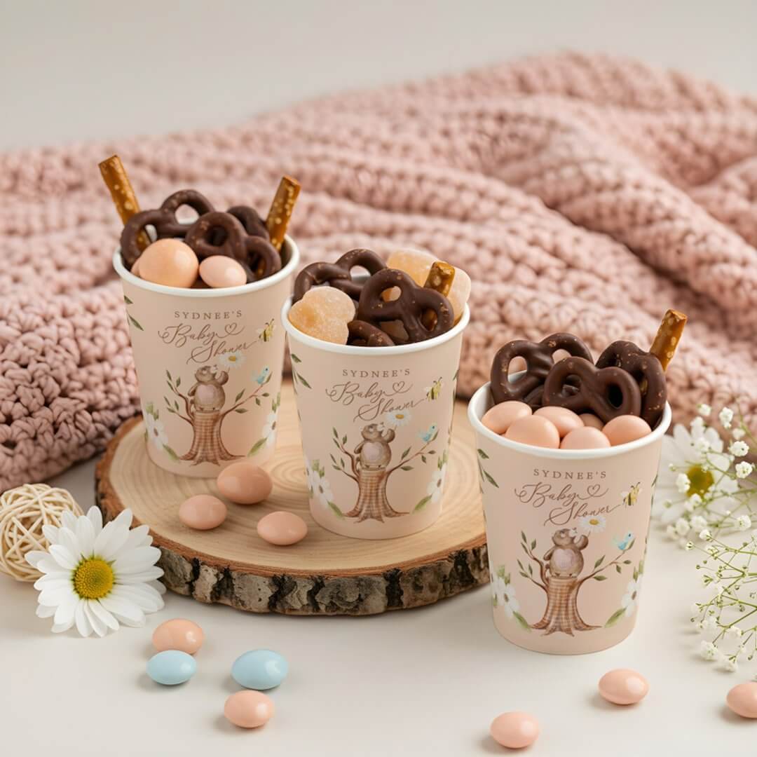 Cute Floral Woodland Knitted Bear Baby Girl Shower Paper Cups