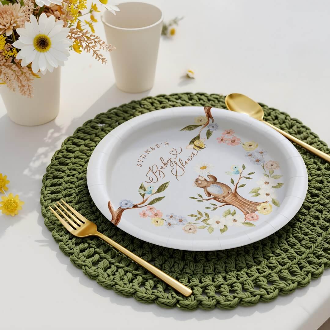 Cute Floral Woodland Knitted Bear Baby Shower It's A Boy Paper Plates