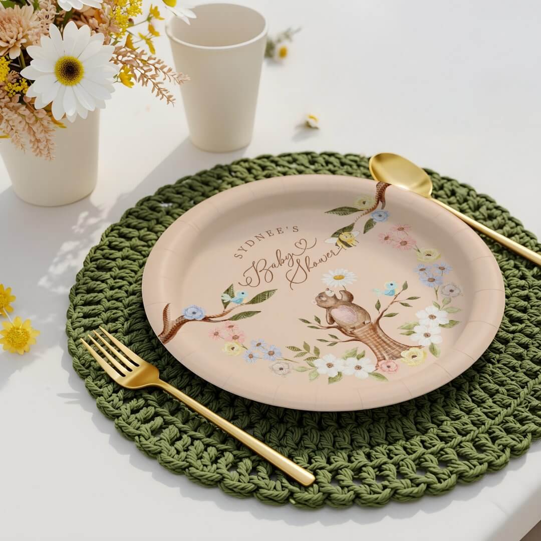 Cute Floral Woodland Knitted Bear Baby Shower It's A Girl Paper Plates
