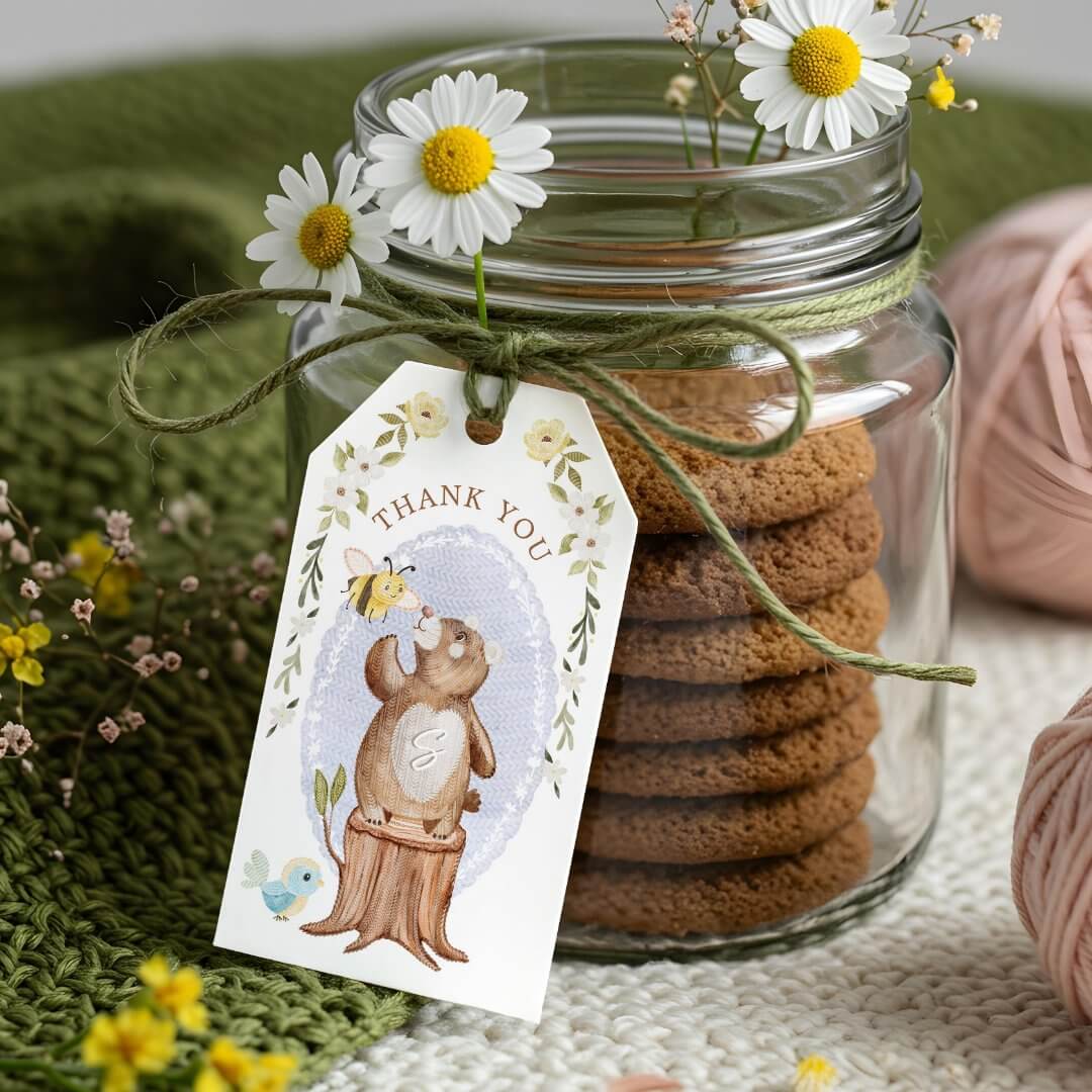 Cute Knitted Floral Woodland Animal Bear Thank You Gift Tags