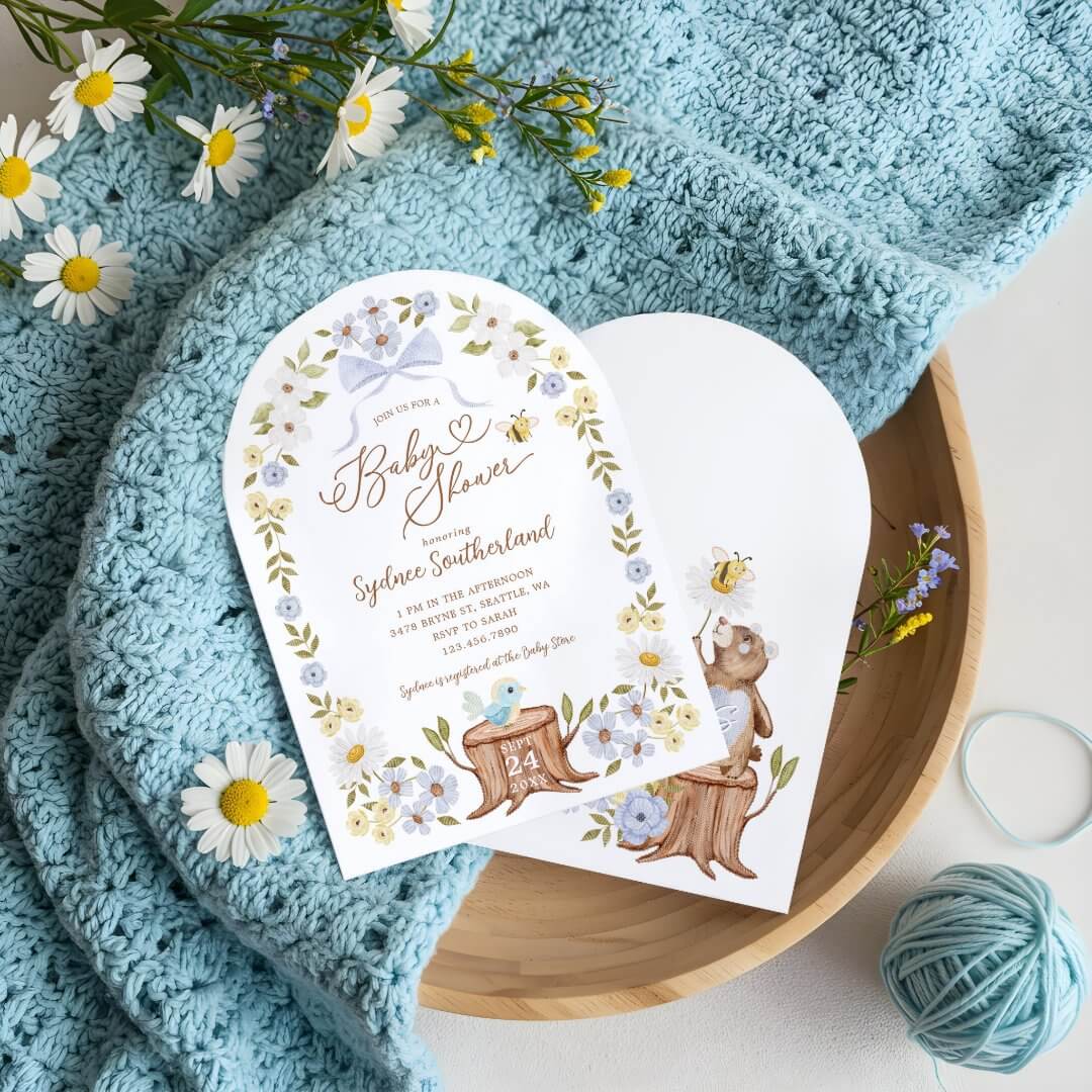 Cute Knitted Floral Woodland Bear Baby Boy Shower Arch Invitation