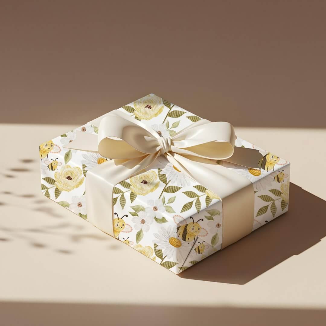 Cute Watercolor Floral Knitted Honey Bee Pattern Wrapping Paper