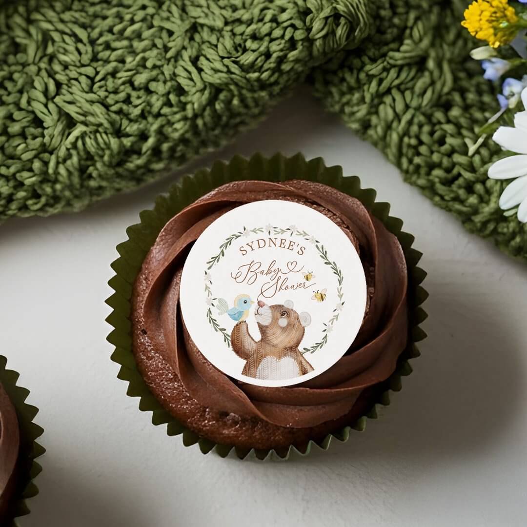 Cute Watercolor Knitted Woodland Bear Baby Shower Edible Frosting Rounds