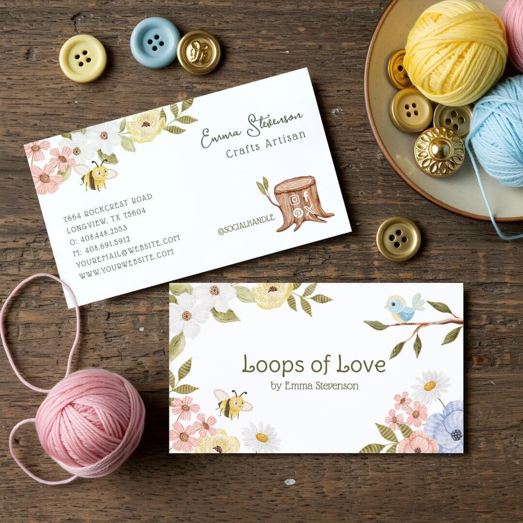 Cute Woodland Knitted Bee & Bird Floral Crafters Horizontal Business Card