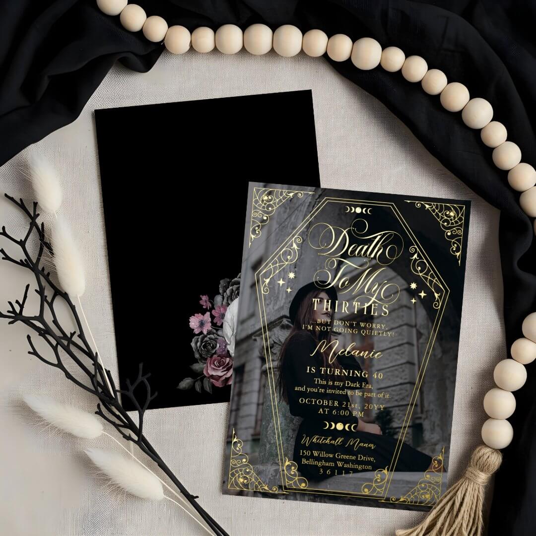 Death to My Thirties Gothic Coffin Birthday Party Foil Invitation