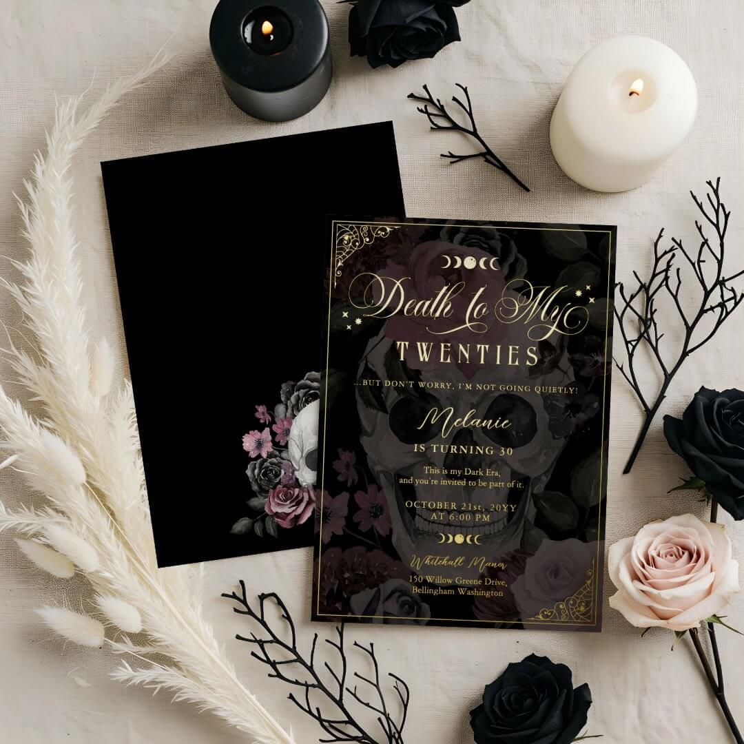 Death to My Twenties Floral Gothic Skull Birthday Foil Invitation