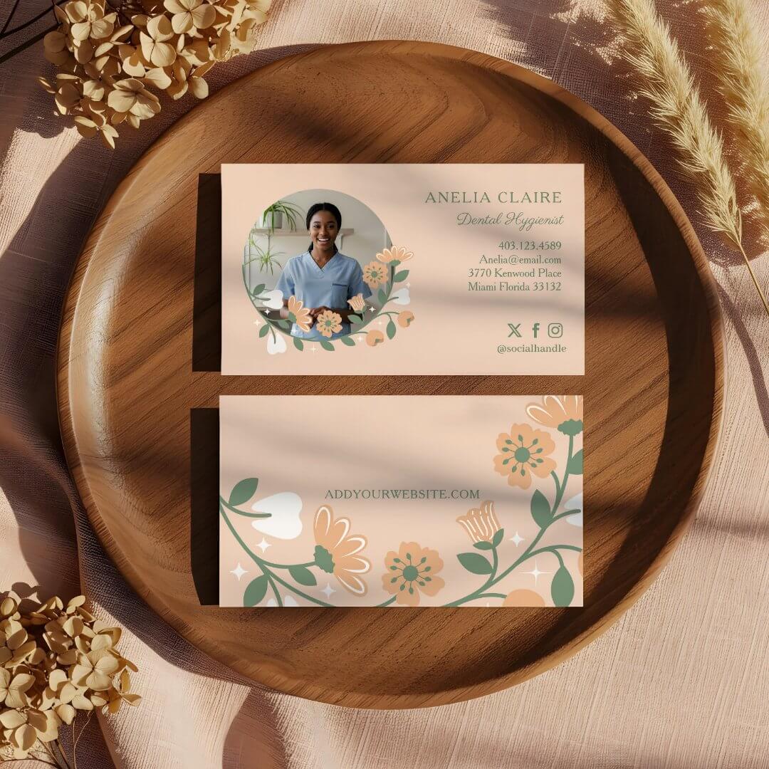 Elegant Floral Blooming Dental Hygienist Photo Pink Business Card