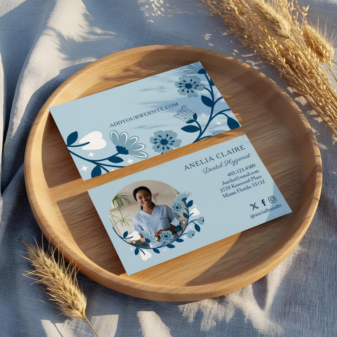 Elegant Floral Blooming Dental Hygienist Photo Blue Business Card