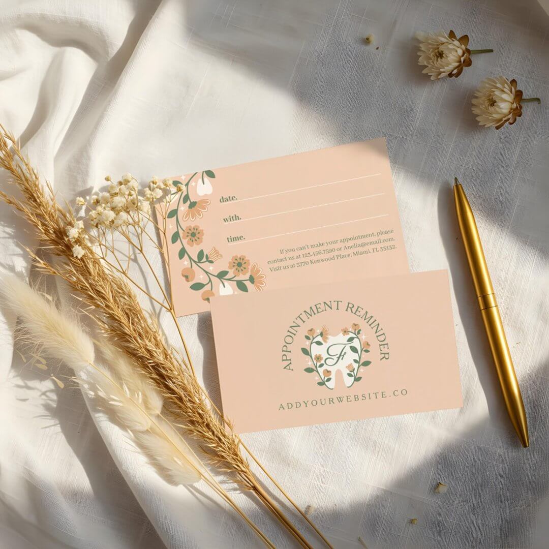 Elegant Floral Blooming Dental Tooth Logo Monogram Pink Appointment Card