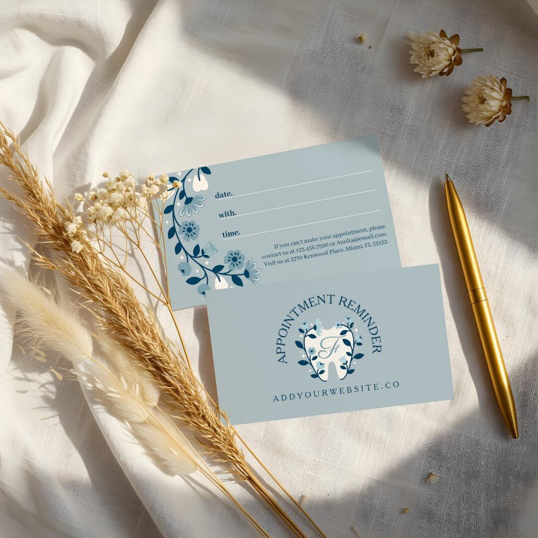 Elegant Floral Blooming Dental Tooth Logo Monogram Blue Appointment Card