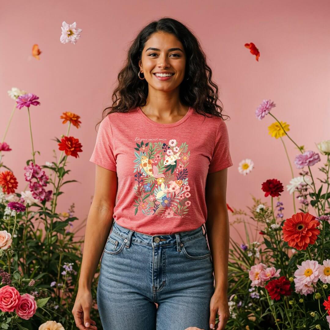 Elegant Tropical Floral Botanical Koi Fish Pond Tri-Blend Shirt