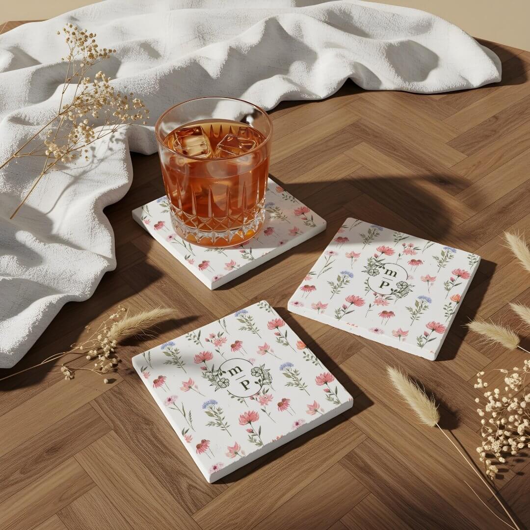 Elegant Watercolor Floral Wildflower Monogram Stone Coaster
