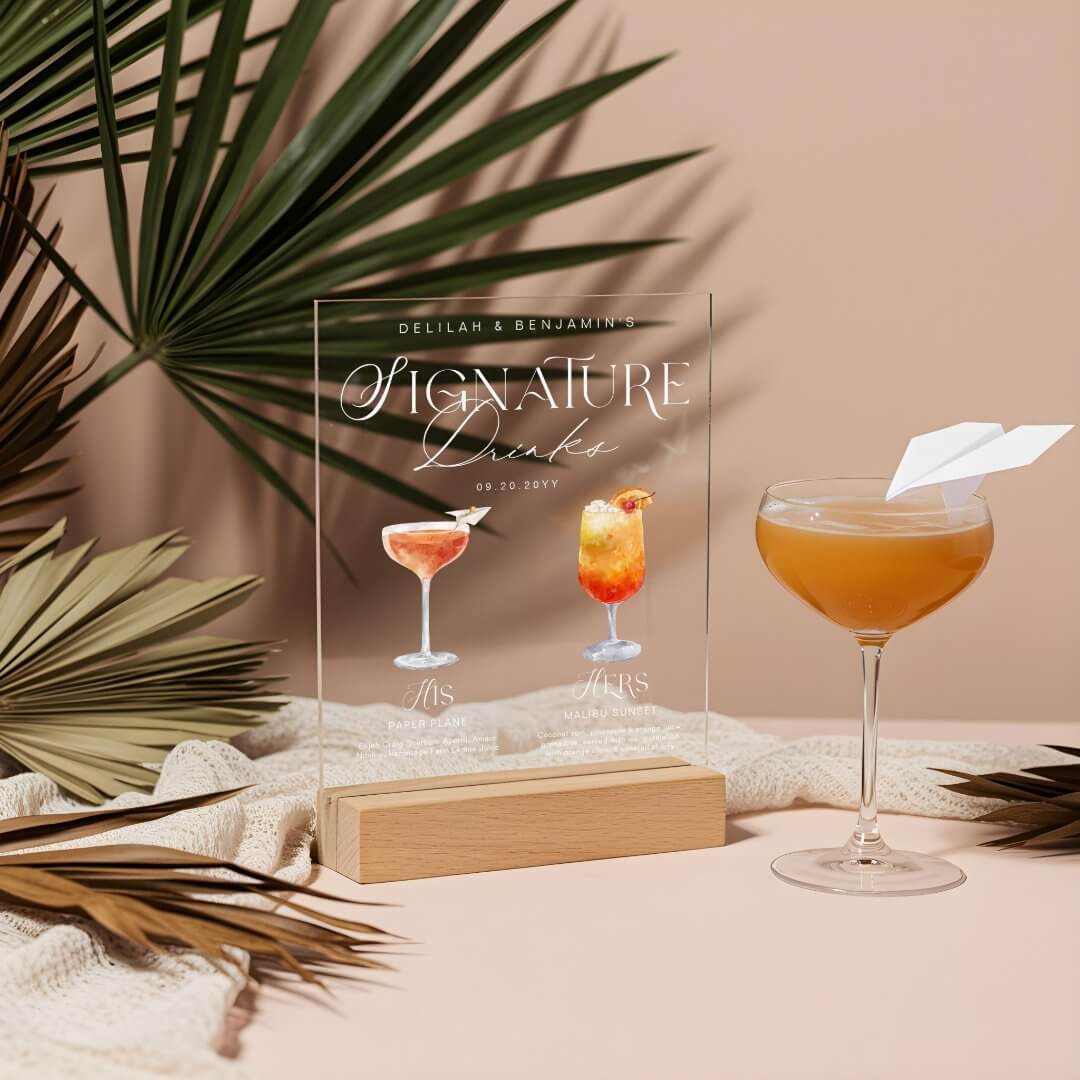 Elegant Watercolor His Her Signature Drink Wedding Acrylic Sign