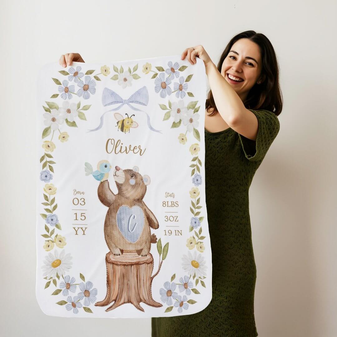 Floral Watercolor Woodland Bear Baby Birth Stats Baby Blanket