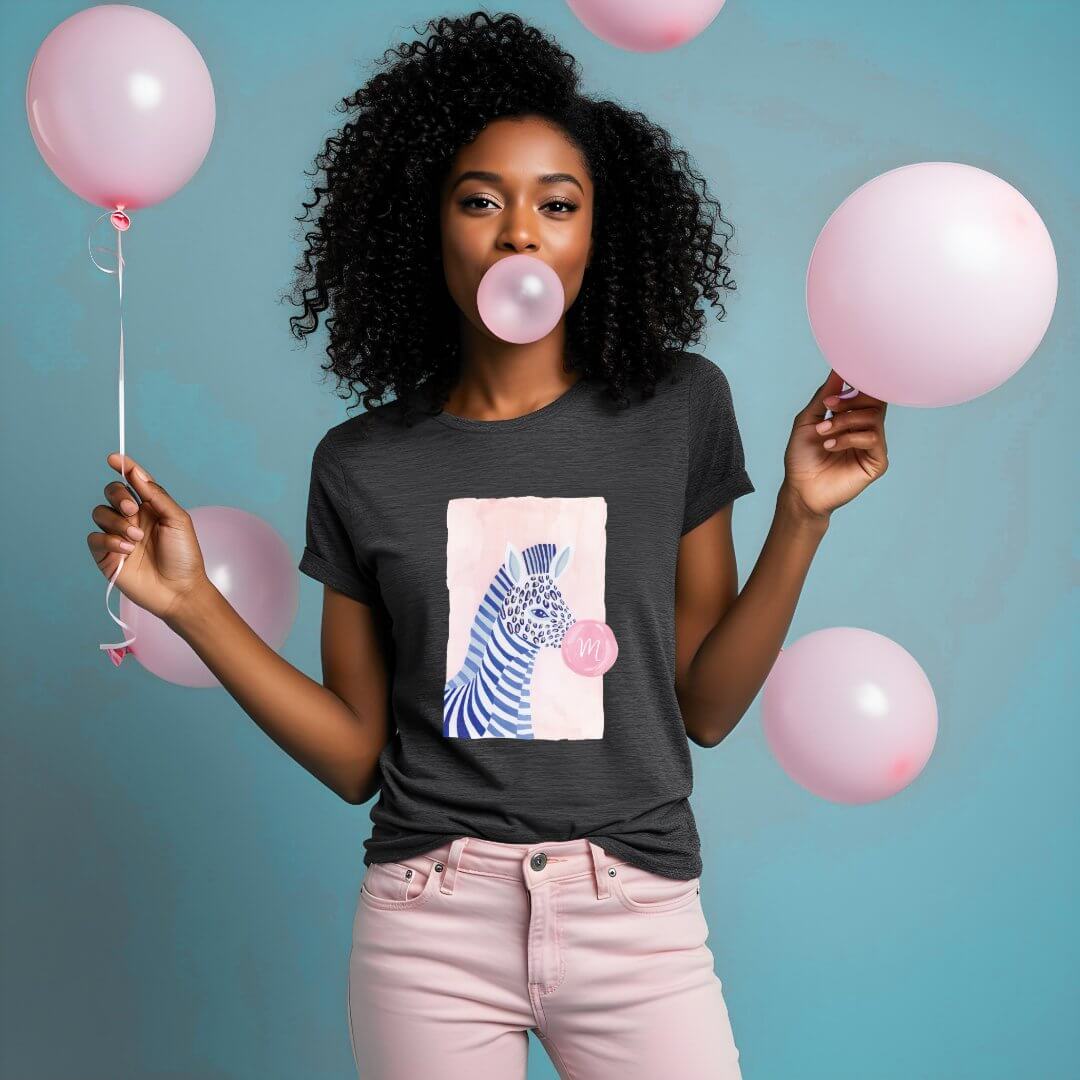 Fun Watercolor Zebra Blowing Gum Bubble Monogram Tri-Blend Shirt