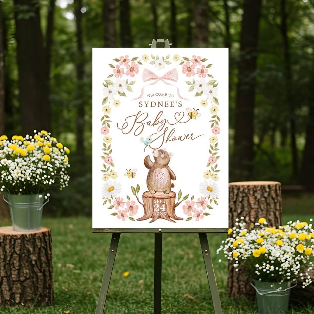 Knitted Woodland Bear Floral Baby Girl Shower Welcome Foam Board