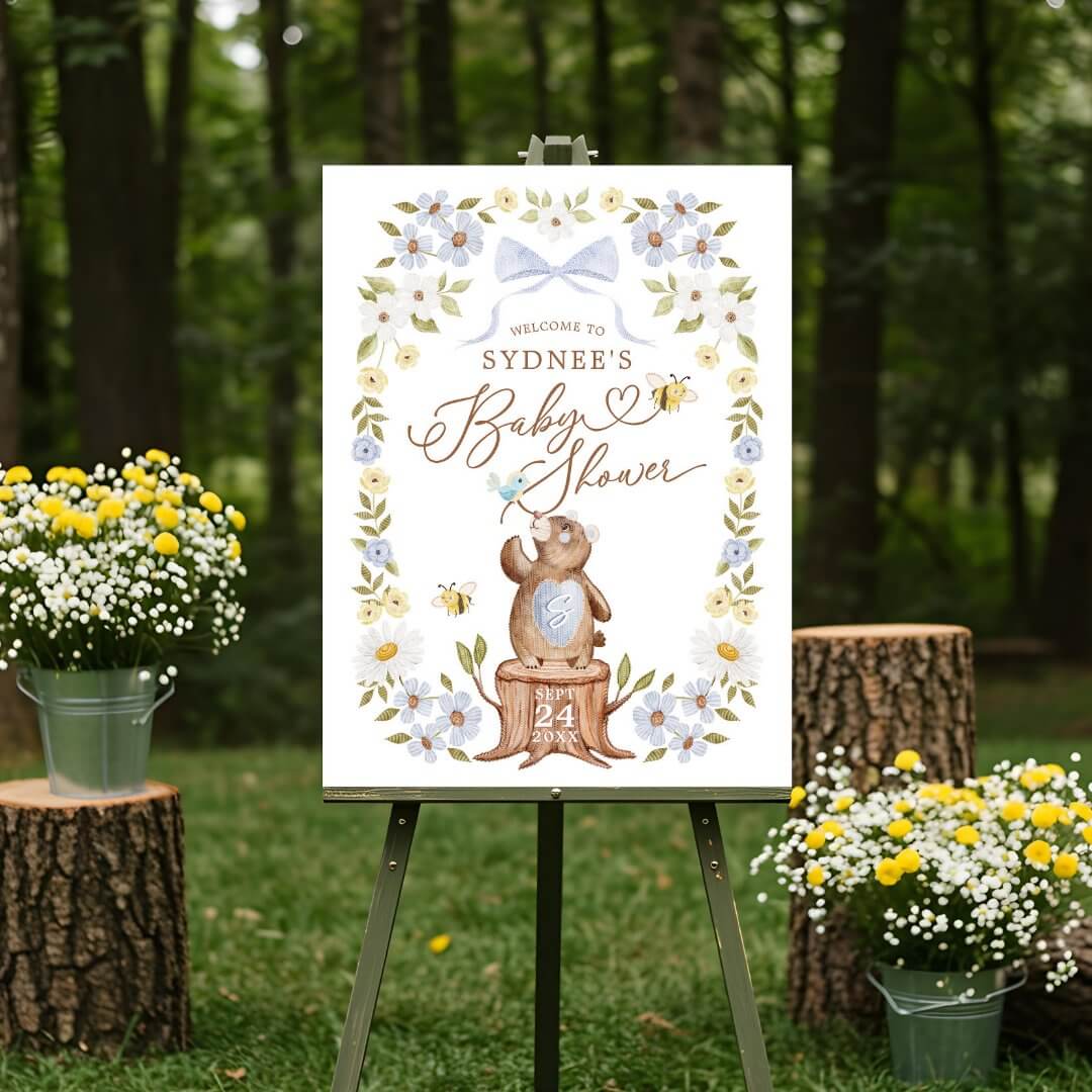 Knitted Woodland Bear Floral Baby Boy Shower Welcome Foam Board