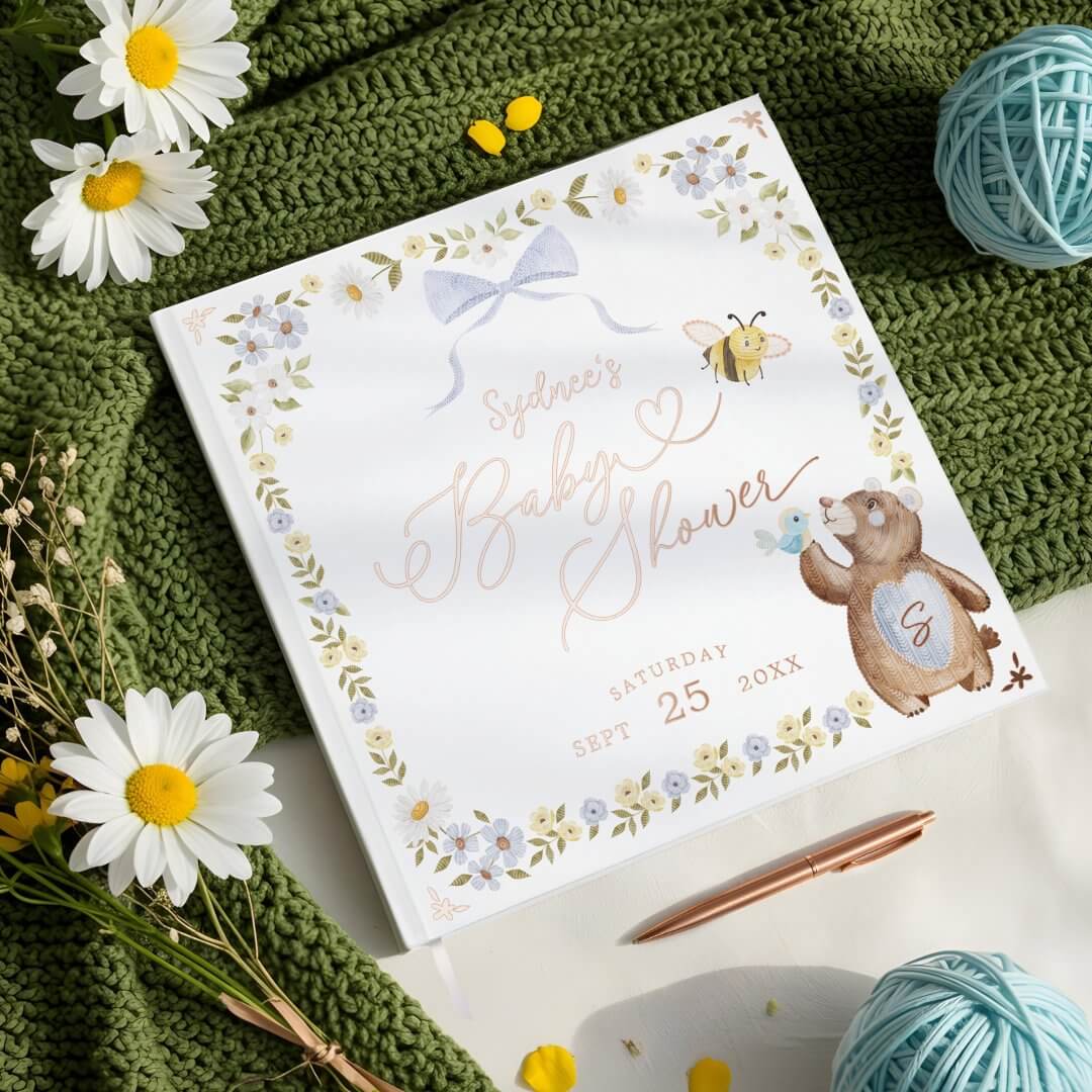 Knitted Woodland Bear Floral Blue Bow Baby Shower Foil Guest Book