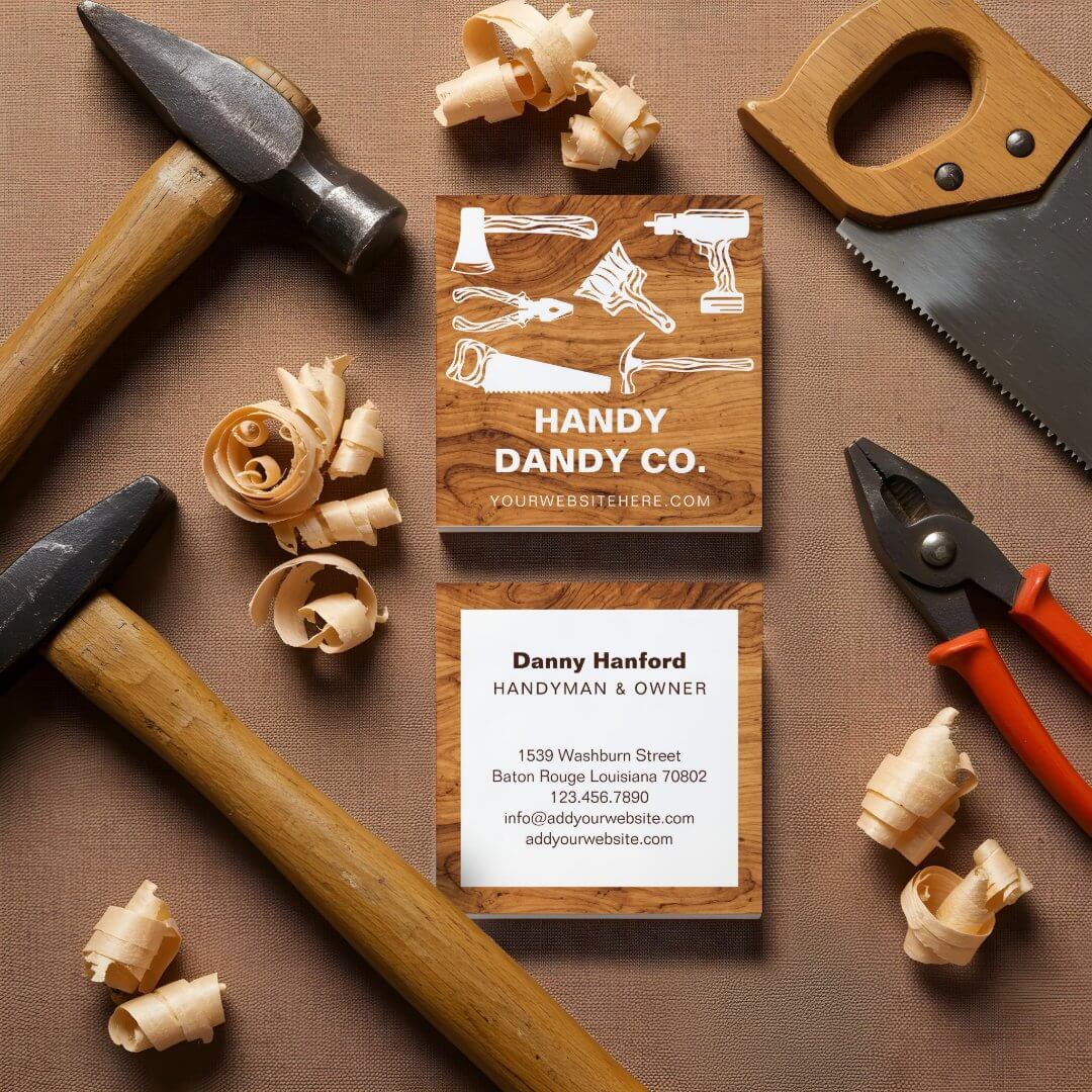 Modern Woodgrain Handyman Tools Contractor Builder Square Business Card