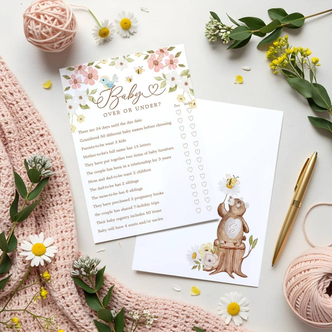 Over or Under Woodland Bear Baby Shower Game Card