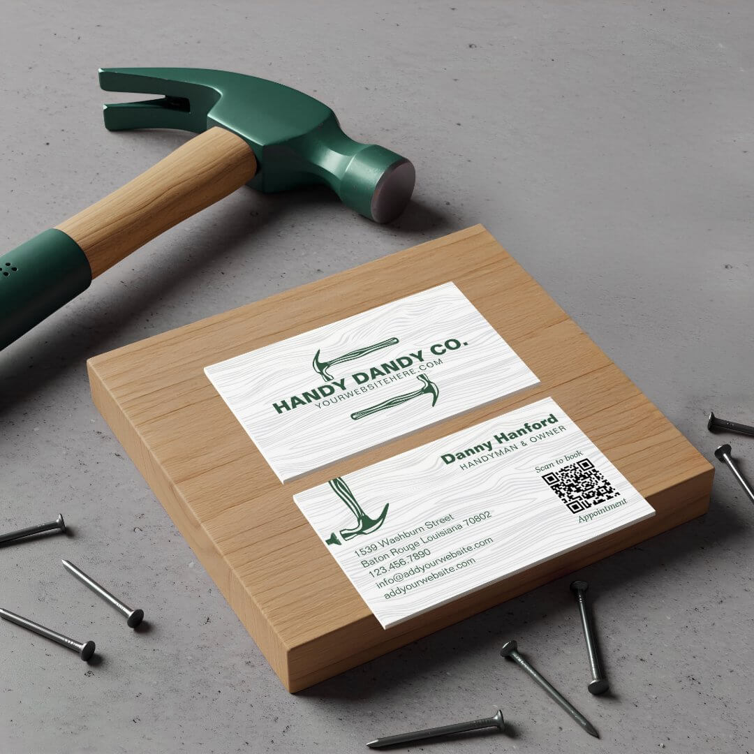Rustic Modern Woodgrain Handyman Green Hammer Contractor Business Card