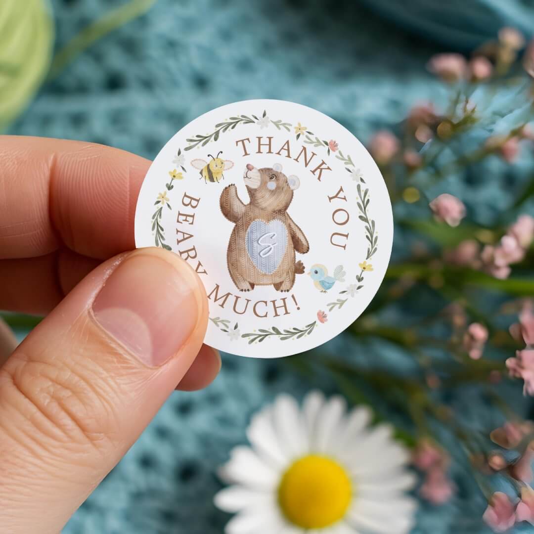 Thank You Beary Much Knitted Woodland Blue Bear Floral Classic Round Sticker