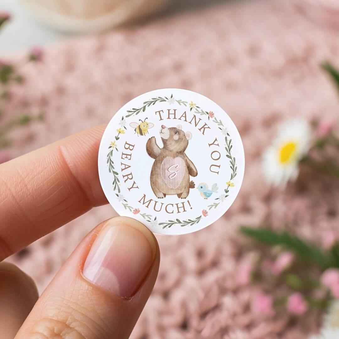 Thank You Beary Much Knitted Woodland Pink Bear Floral Classic Round Sticker