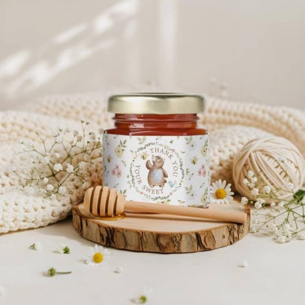 Thank You Your Sweet Knitted Woodland Blue Bear Floral Honey Jar Favors