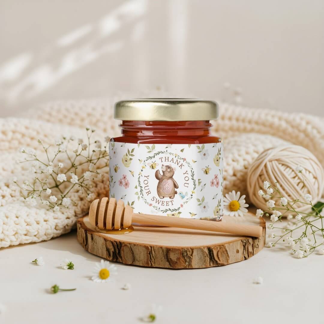 Thank You Your Sweet Knitted Woodland Pink Bear Floral Honey Jar Favors
