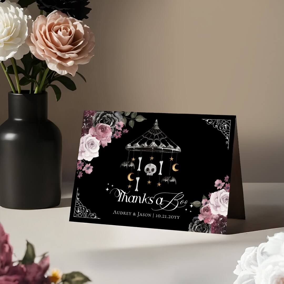 Thanks a Boo Gothic Skeleton Mobile Baby Shower Thank You Card