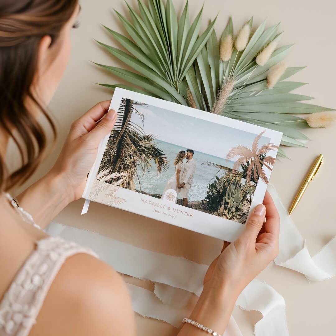 Tropical Palm Trees Elegant Wedding Photo Monogram Foil Guest Book