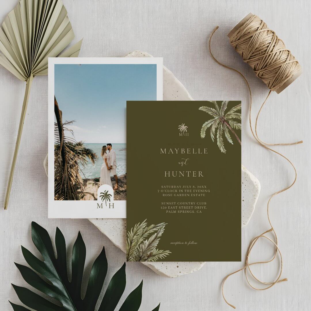 Tropical Watercolor Palm Trees Boho Wedding Photo Invitation