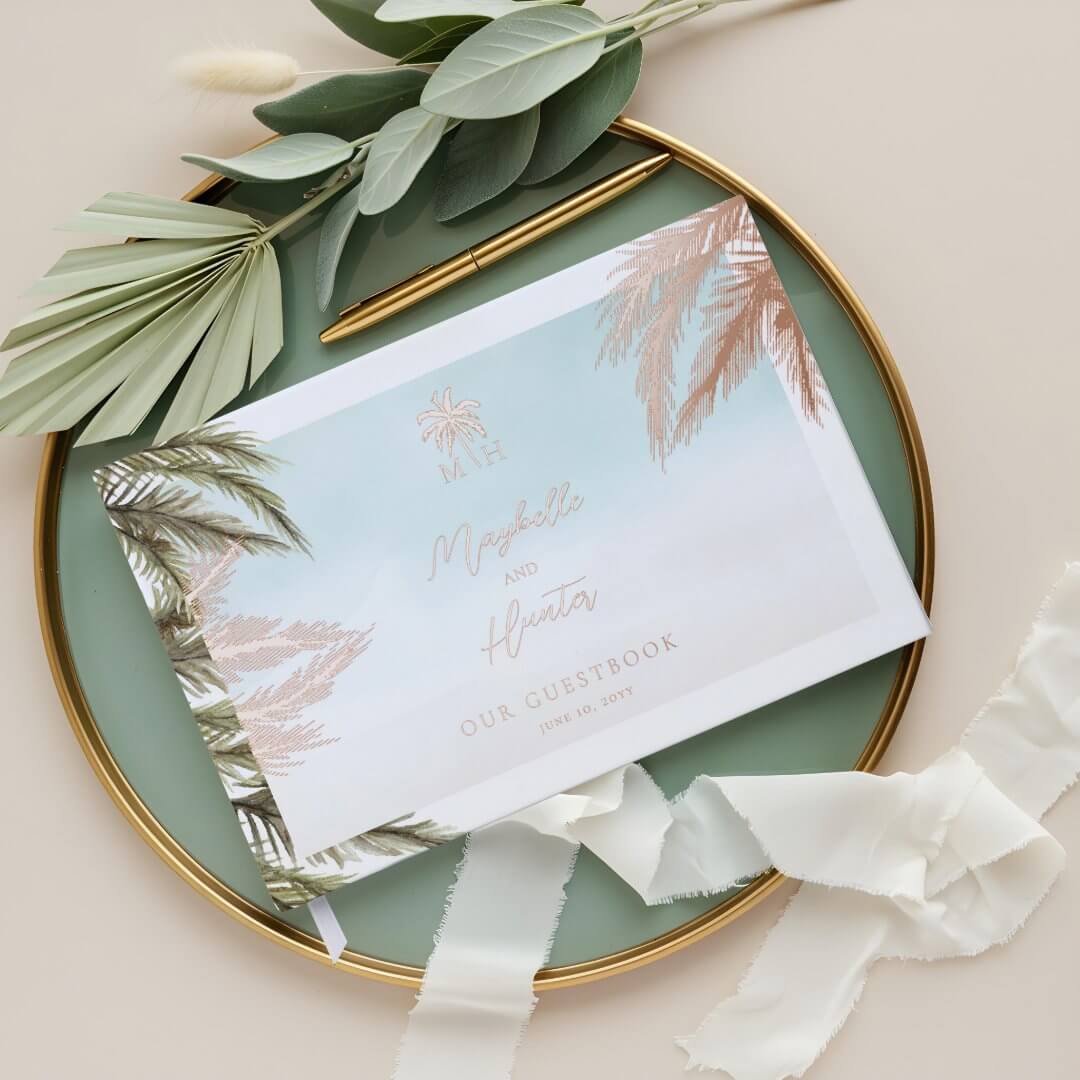 Tropical Watercolor Palm Trees Wedding Monogram Foil Guest Book