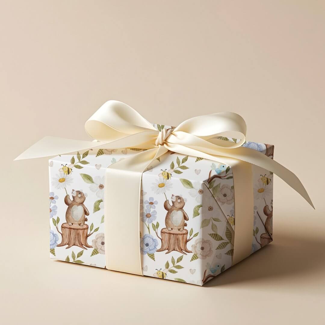 Watercolor Floral Woodland Forest Knitted Bear Wrapping Paper