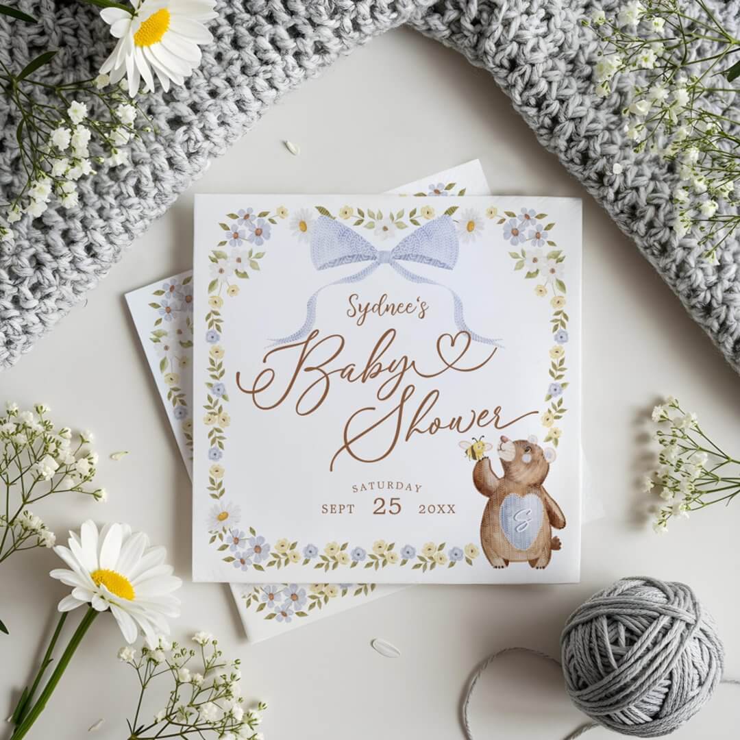 Watercolor Floral Woodland Knitted Bear Baby Boy Napkins