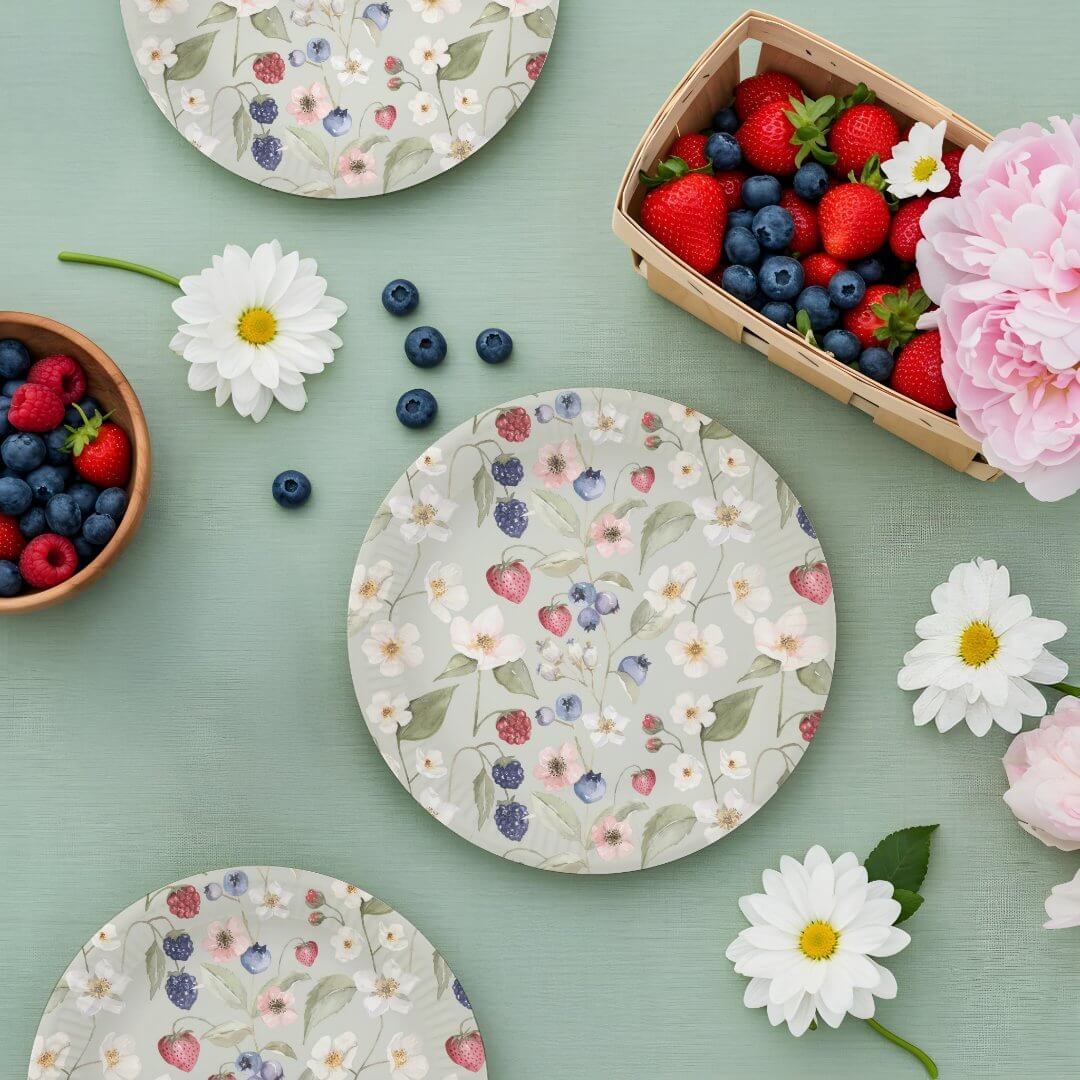 Berry Sweet Baby Shower Wild Berries & Flowers Green Paper Plates