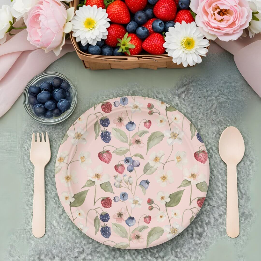 Berry Sweet Baby Shower Wild Berries & Flowers Pink Paper Plates