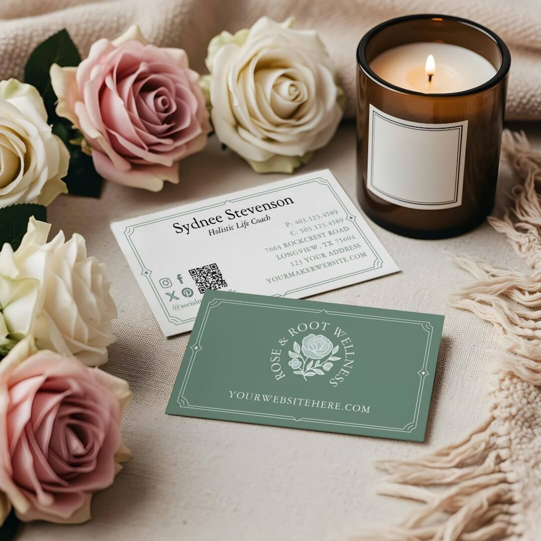 Elegant Decorative Frame Feminine Floral Rose Teal Green Business Card