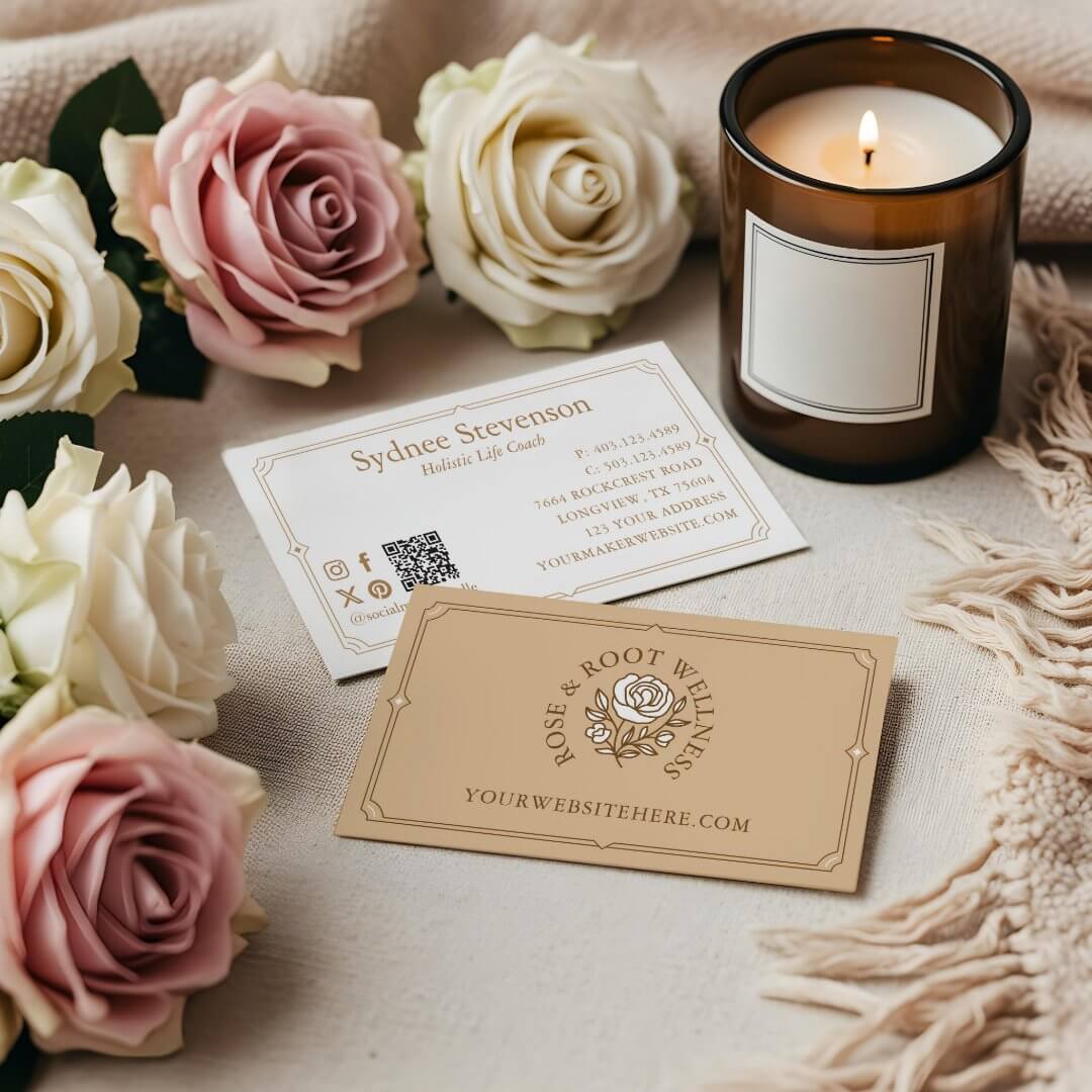 Elegant Decorative Frame Feminine Floral Rose Beige Business Card