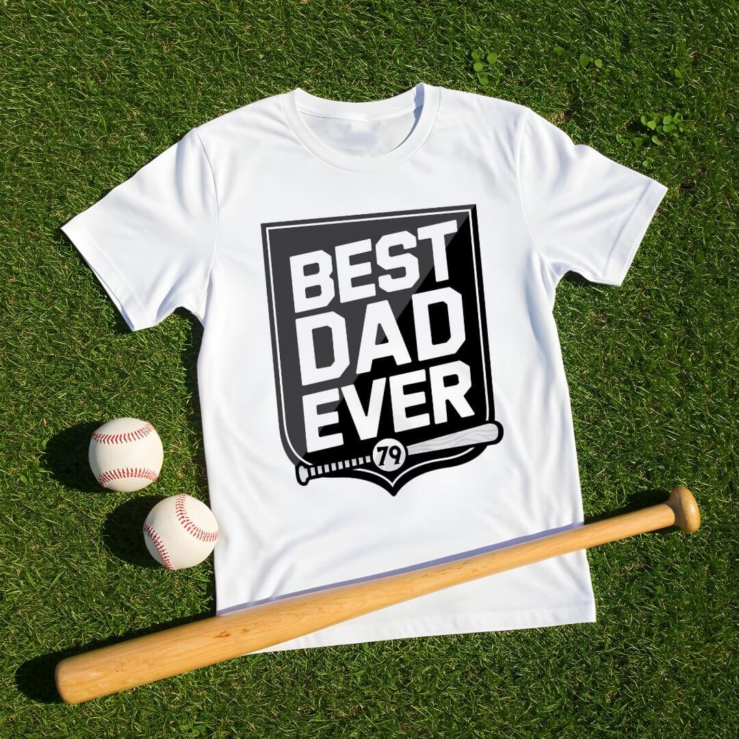 Fun Best Dad Ever Baseball Bat & Ball Crest Black And White Design T-Shirt