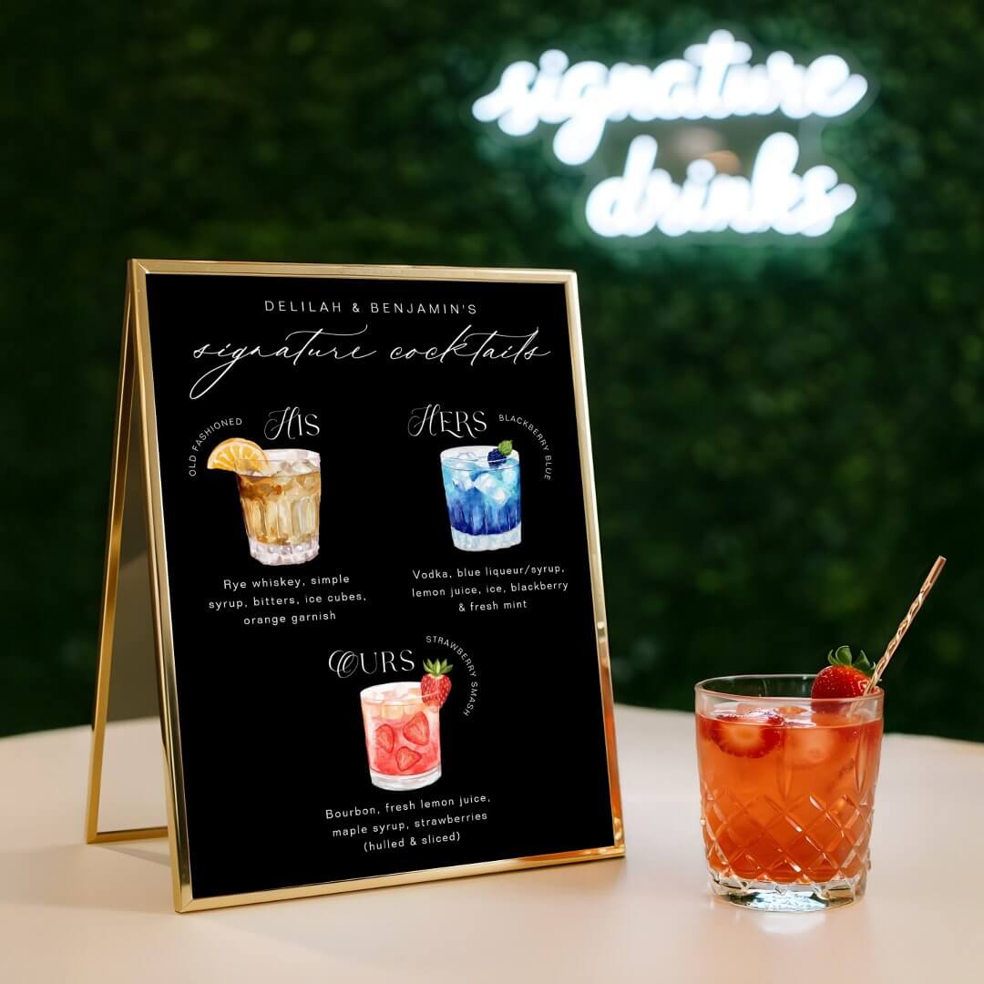 His Hers Our Watercolor Signature Cocktails Menu Poster