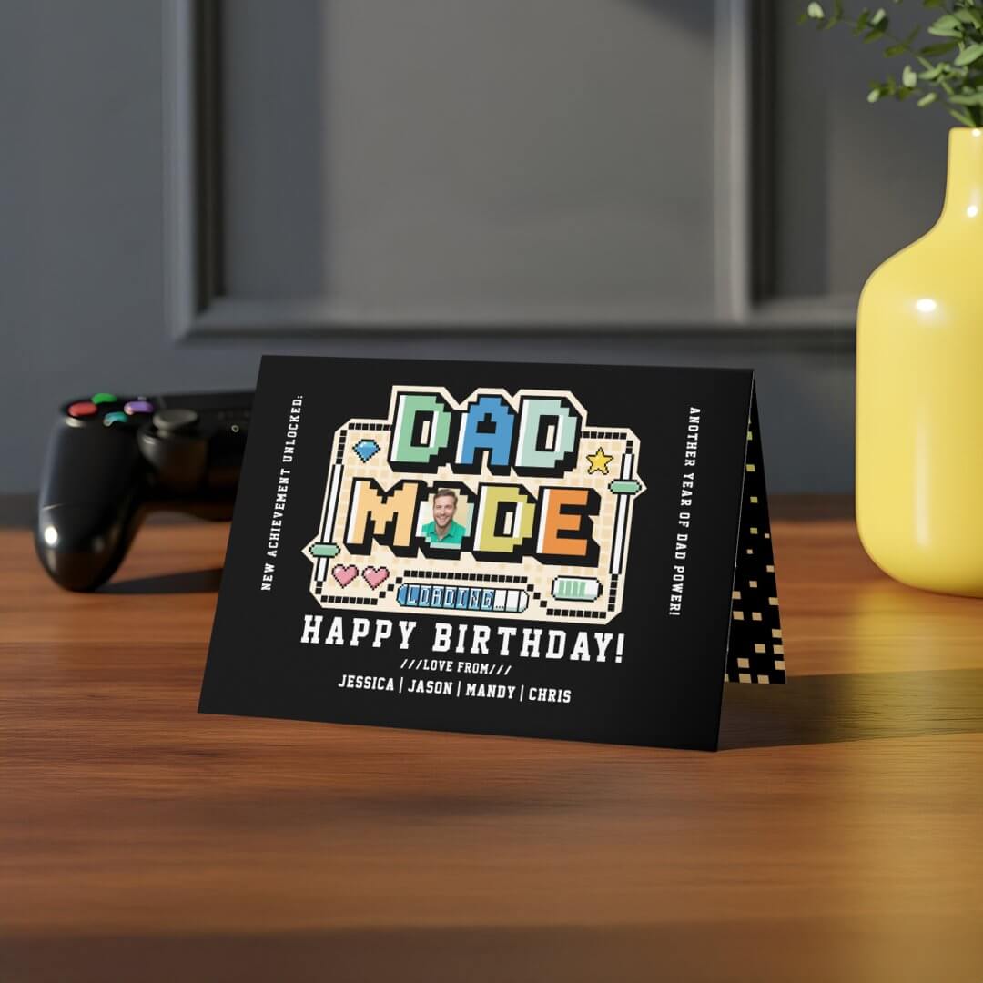 Level Up Dad Gamer Player Stats & Photo Birthday Card