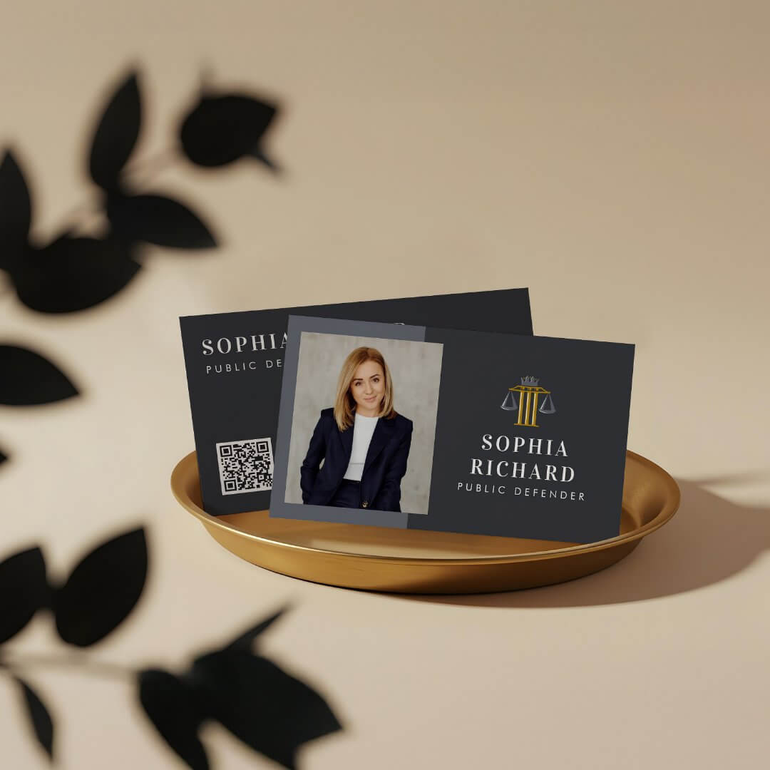 Professional Elegant Justice Scale Law Firm Photo Grey Blue Business Card