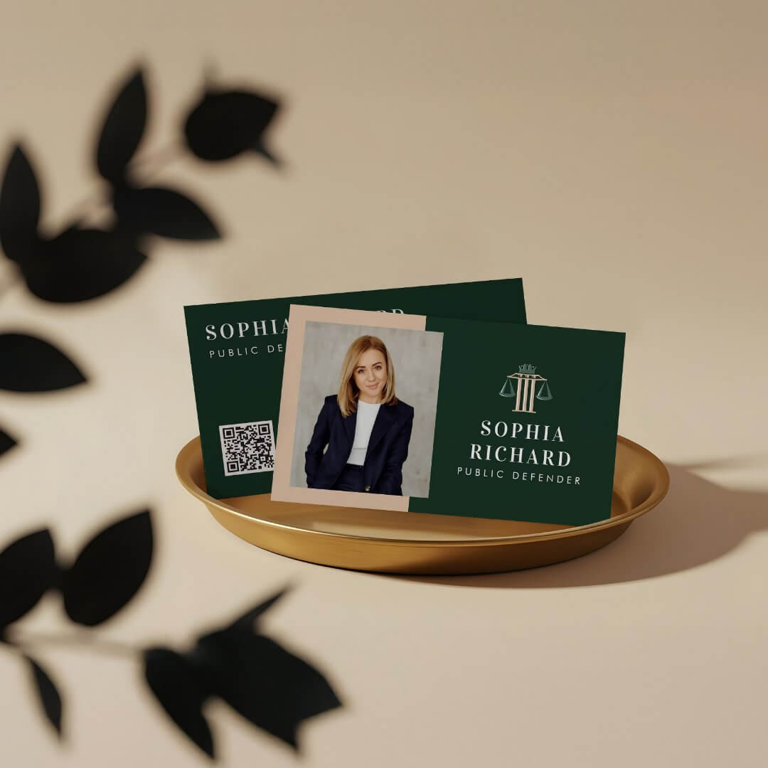 Professional Elegant Justice Scale Law Firm Photo Green Business Card
