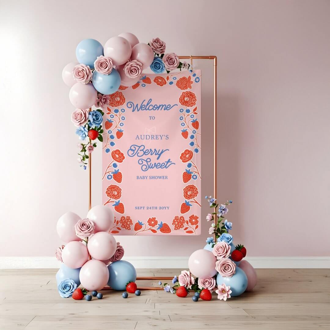 Berry Sweet Floral Strawberry Welcome Baby Shower Banner
