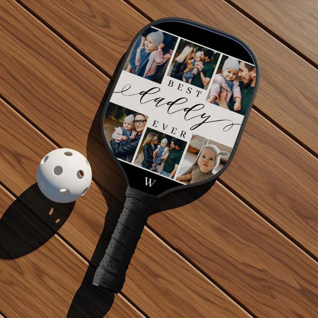 Best Daddy Ever Script Father's Day Photo Collage Pickleball Paddle